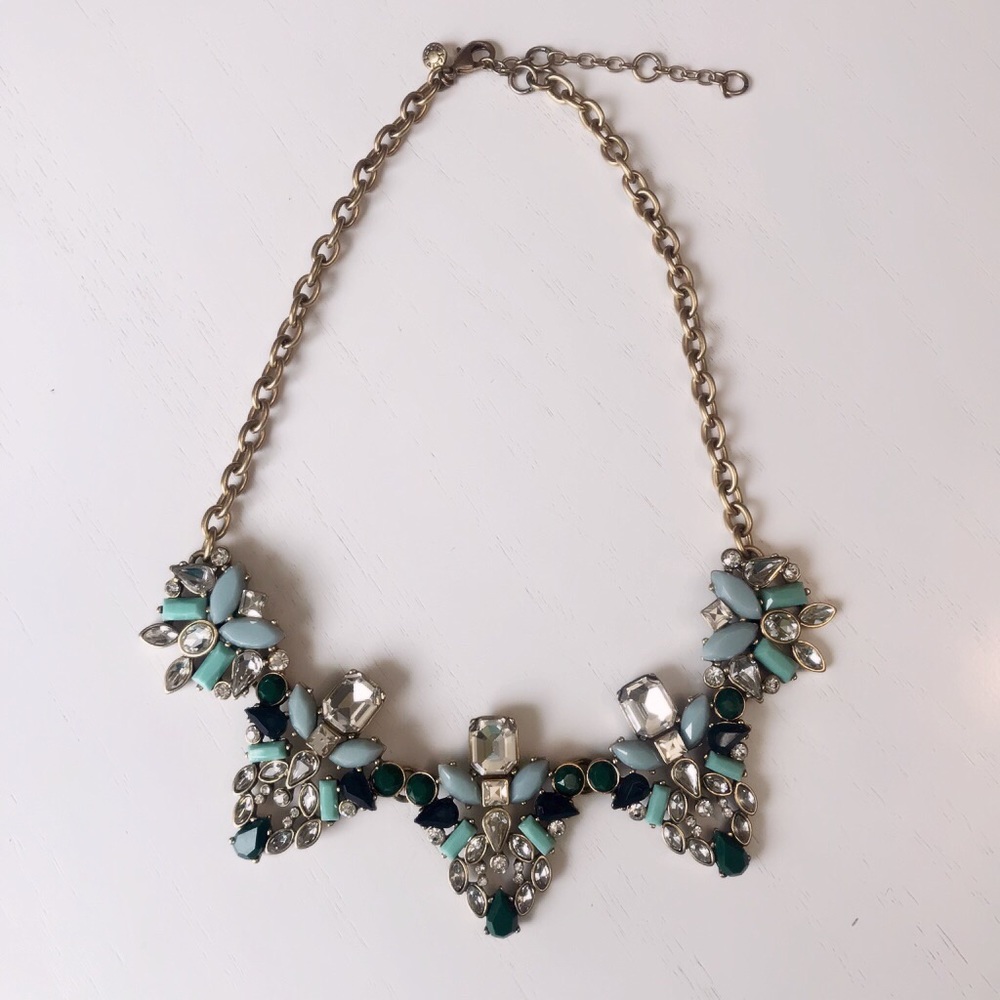 J. Crew Gold Statement Necklace with Blue and Green Stones - Excellent Condition